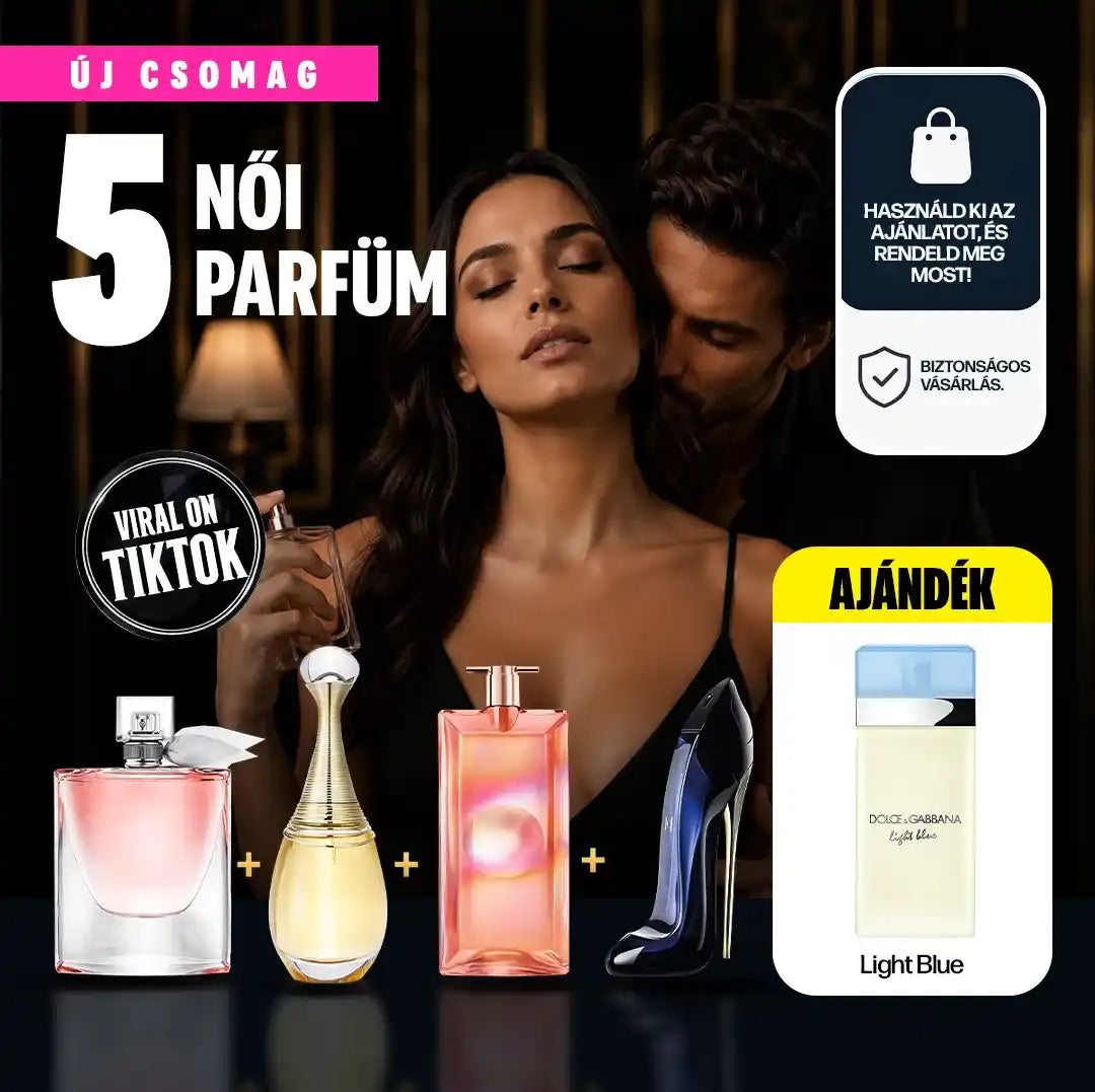 5 PARFÜM 1 ÁRÁÉRT! Fizess 1-et, és vigyél 4 + 1 parfümöt AJÁNDÉKBA — Prémium csomag La Vie Est Belle, J’adore, Idôle és Good Girl parfümökkel + AJÁNDÉK 50 ml-es Light Blue, a nyár illata